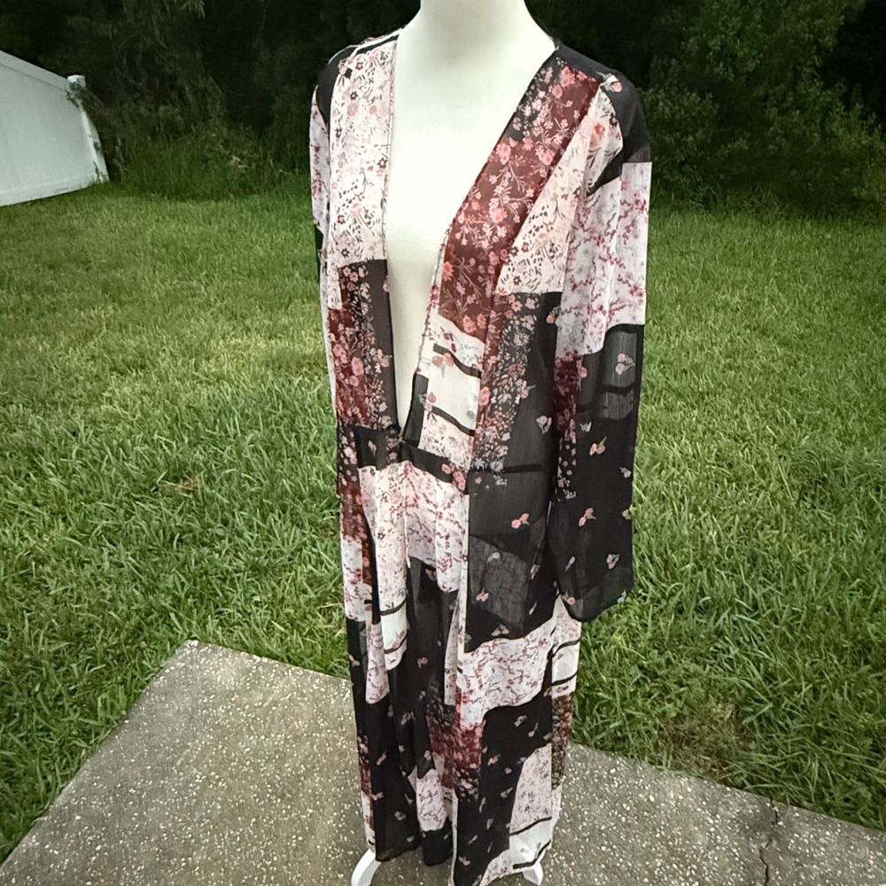 Patchwork Floral Boho Indie Open Front Kimono Duster Women M Multicolor